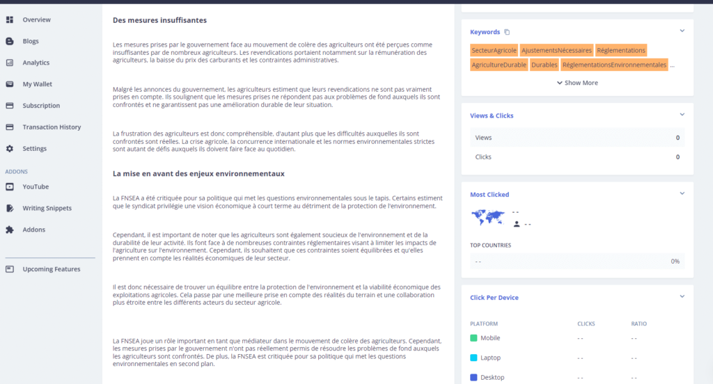 Copie d'écran d'un logiciel de copywriting